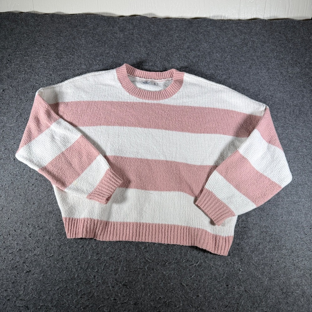 Hollister Womens XL Pink White Striped Crew Neck Relaxed Knit Pullover Sweater